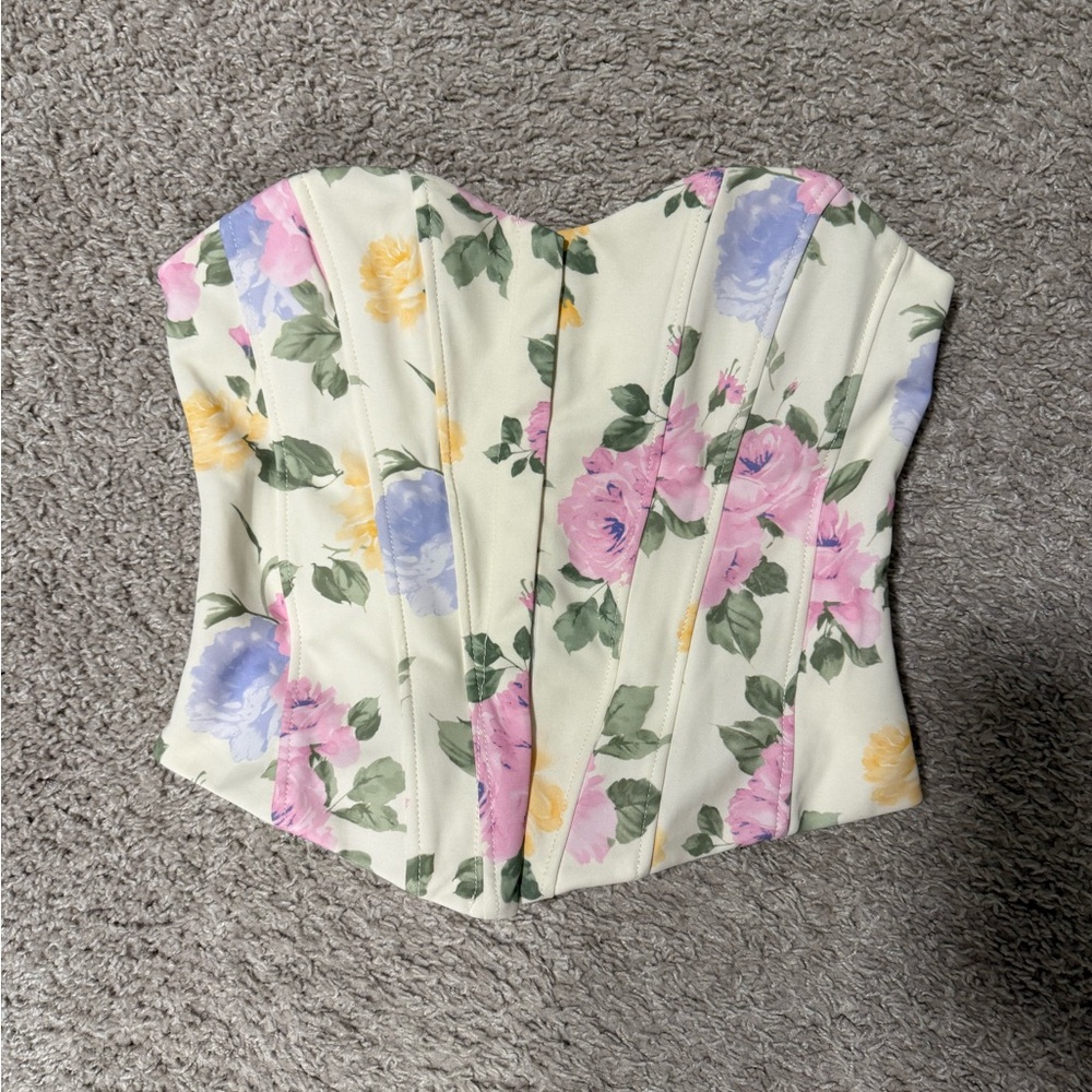 Zara Cream Floral Corset Top with Pink Yellow and Lavender Roses - Picture 5 of 8